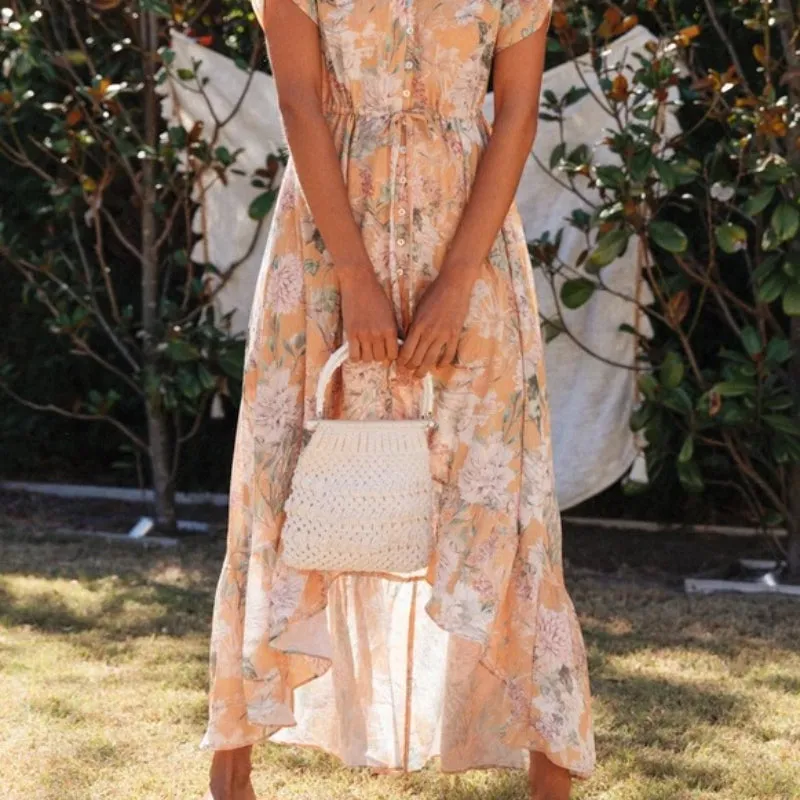 Fashionable V-Neck Button-Front Printed Dress
