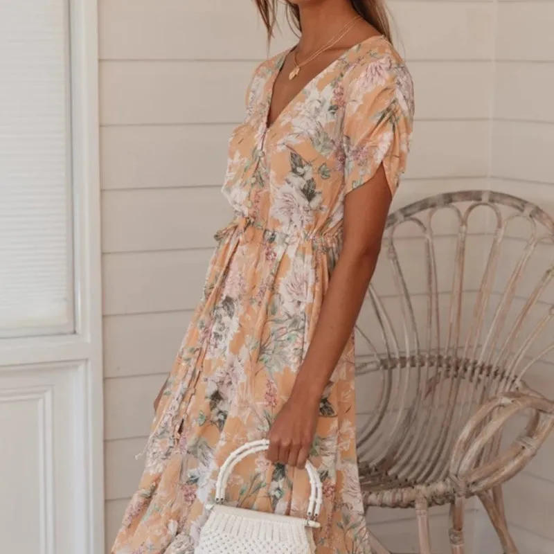 Fashionable V-Neck Button-Front Printed Dress