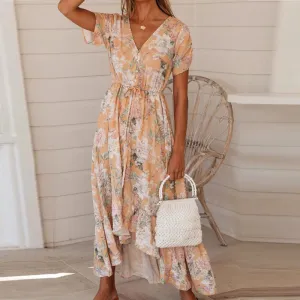 Fashionable V-Neck Button-Front Printed Dress
