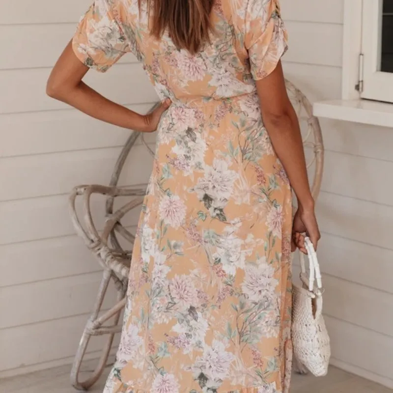 Fashionable V-Neck Button-Front Printed Dress