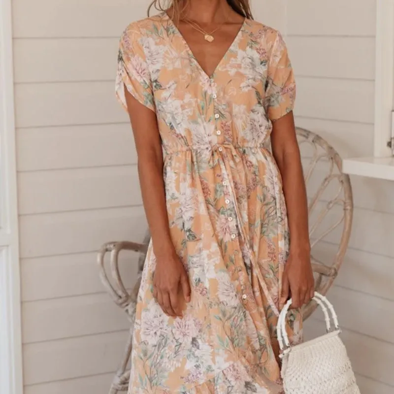 Fashionable V-Neck Button-Front Printed Dress