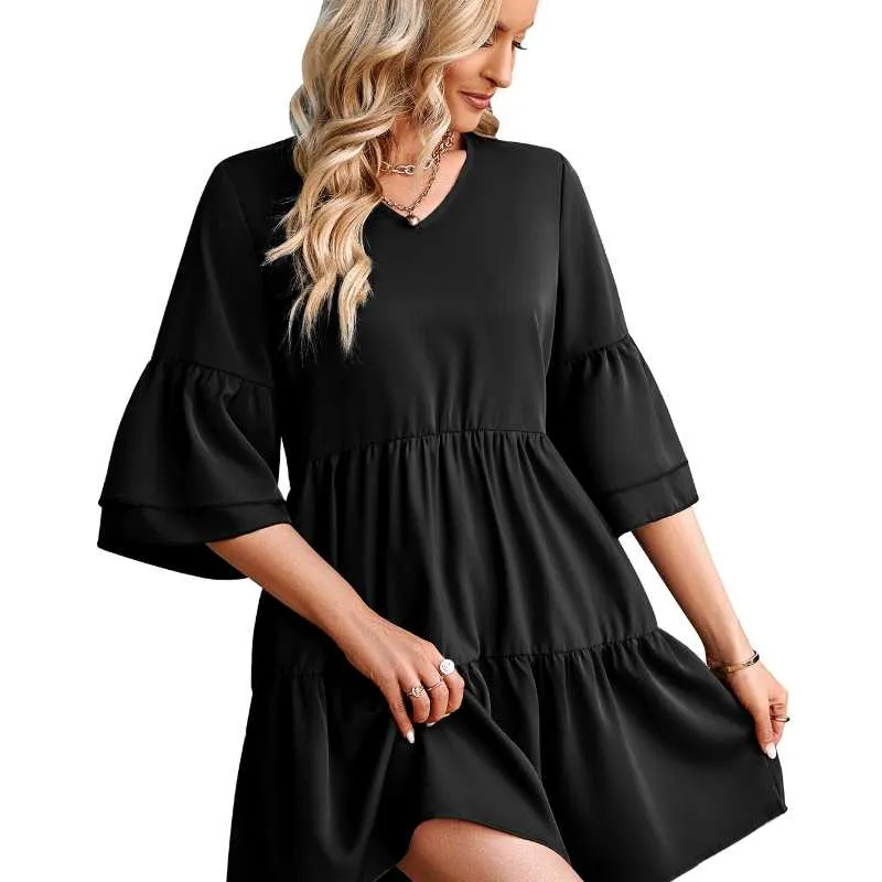 Fashionable V-neck Loose Solid Color Dress
