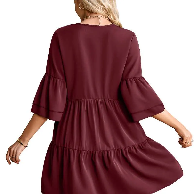 Fashionable V-neck Loose Solid Color Dress