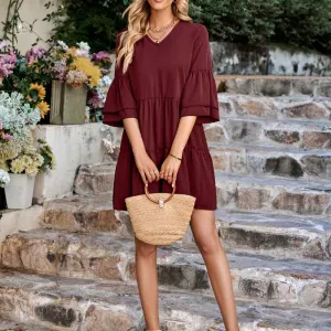 Fashionable V-neck Loose Solid Color Dress
