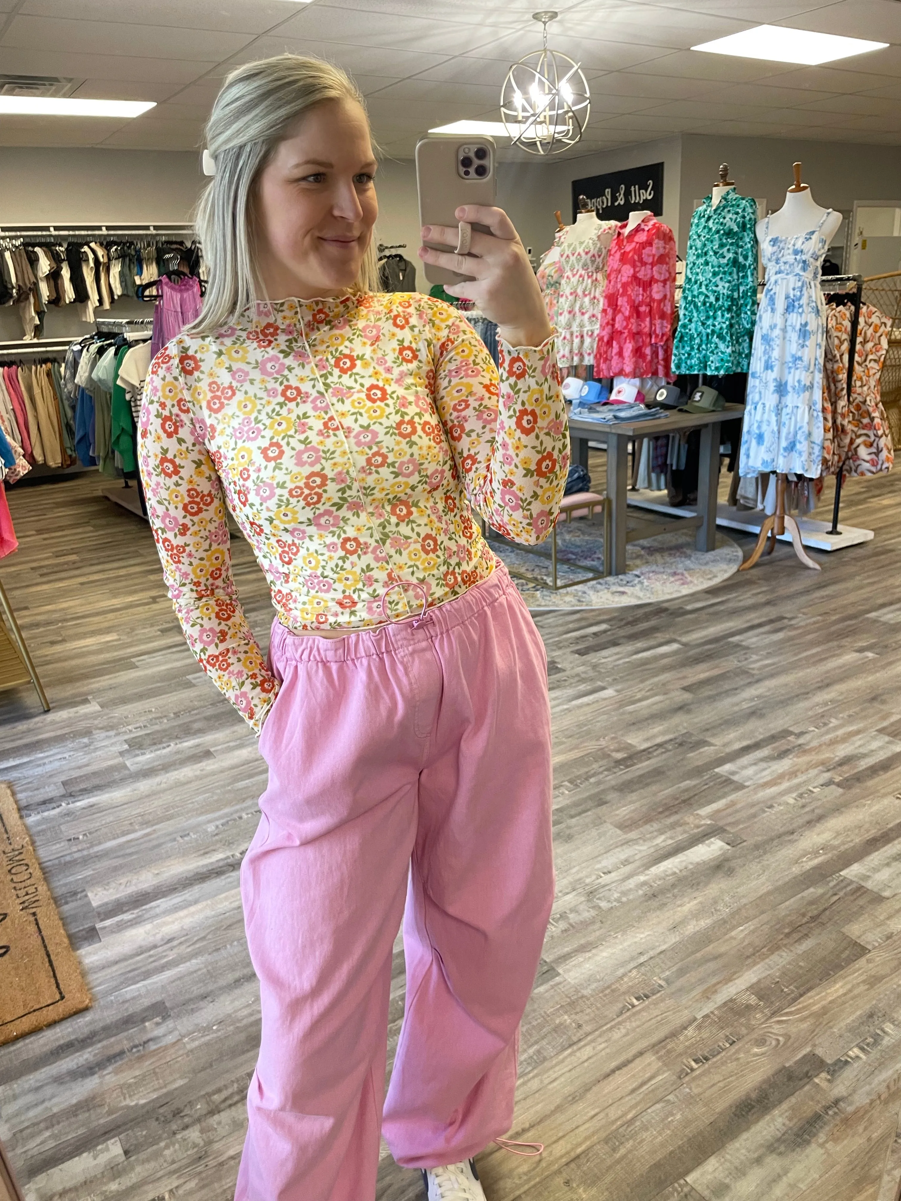 Floral Mesh Long Sleeve Top - Ivory/Pink