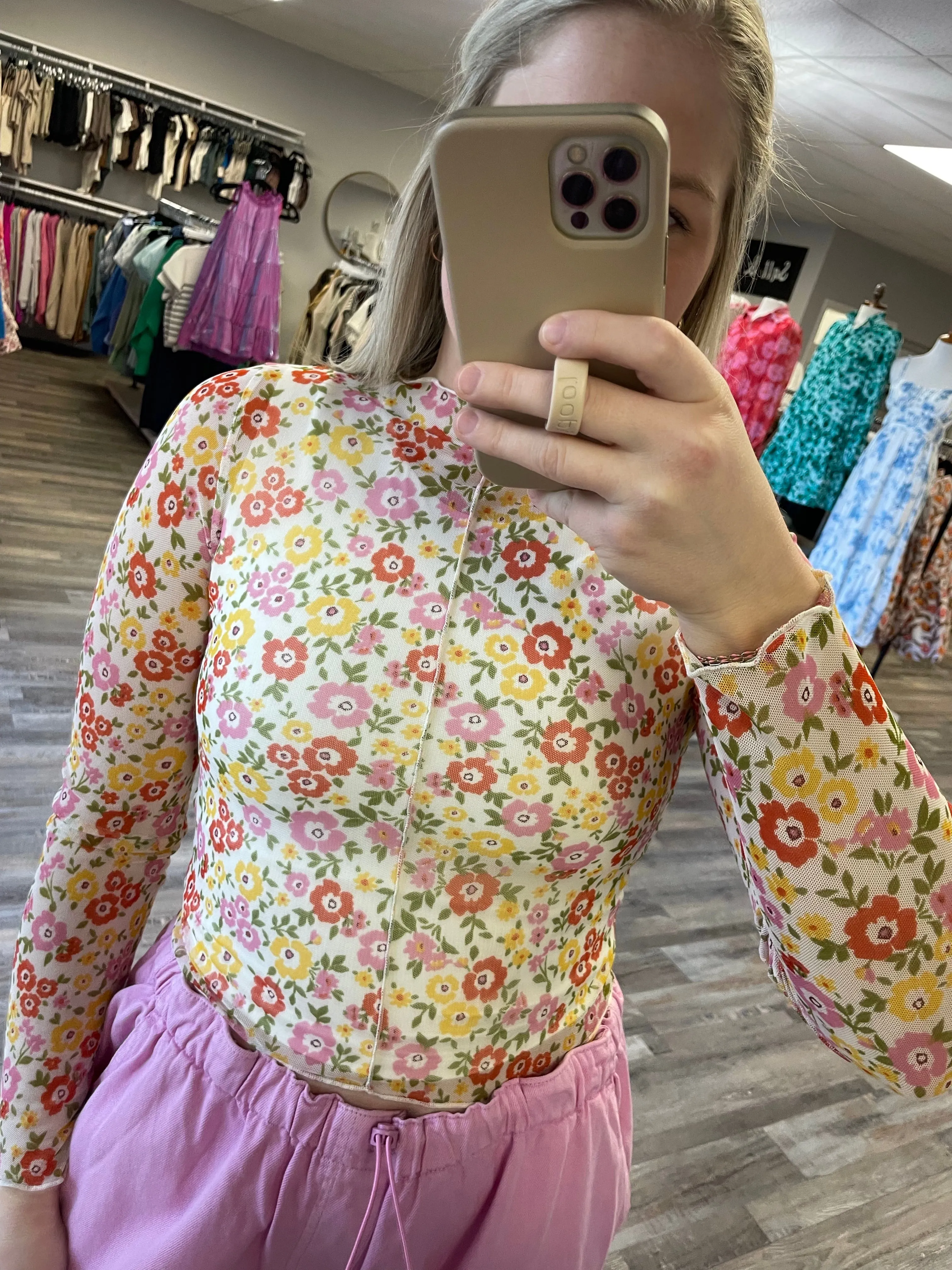Floral Mesh Long Sleeve Top - Ivory/Pink