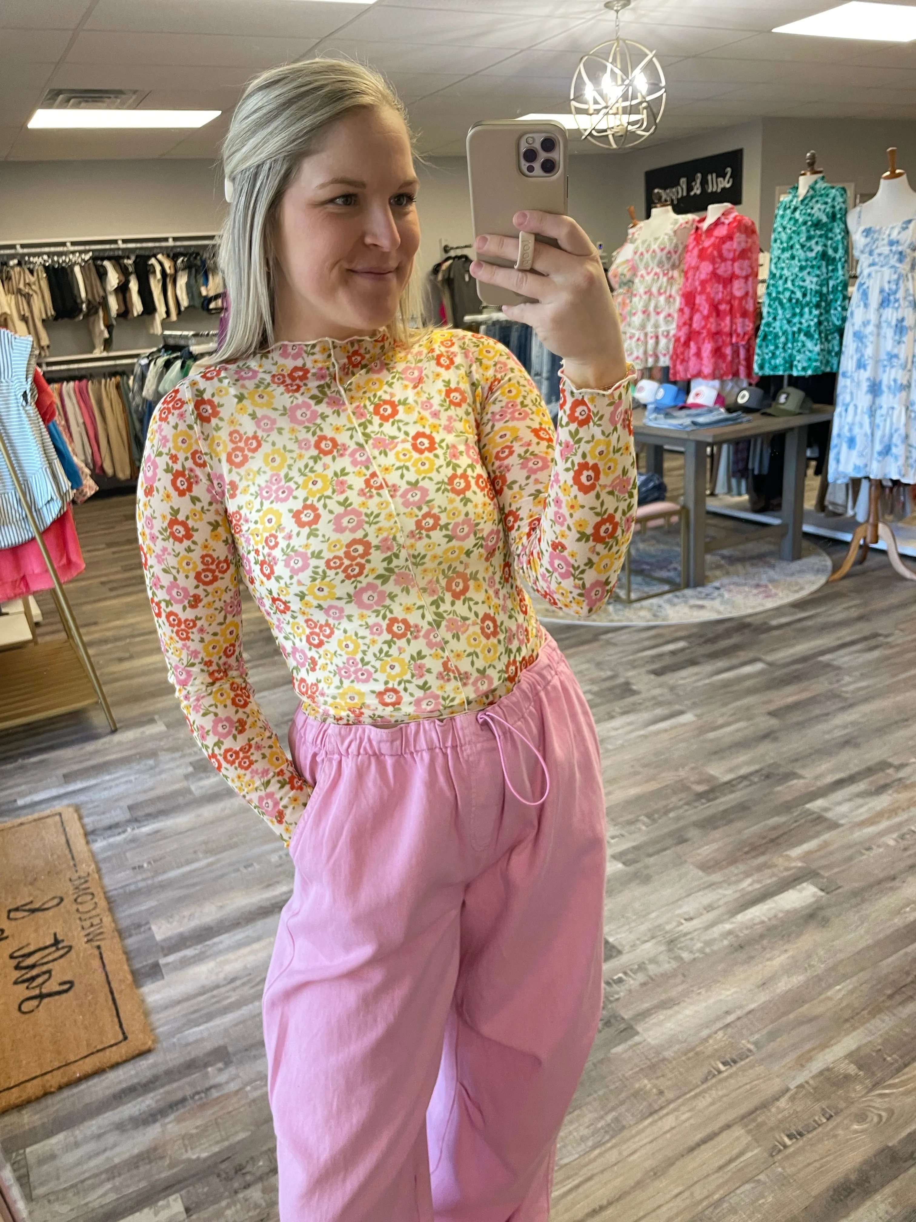 Floral Mesh Long Sleeve Top - Ivory/Pink