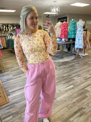 Floral Mesh Long Sleeve Top - Ivory/Pink