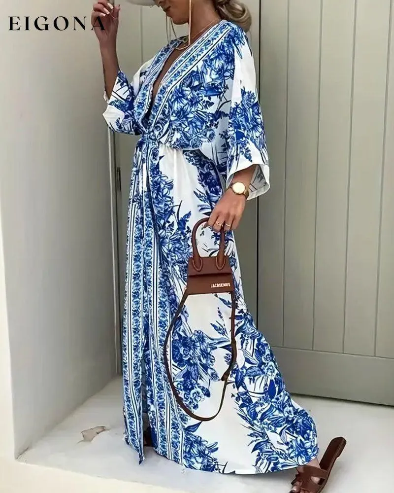 Floral print deep V slit fashionable long dress