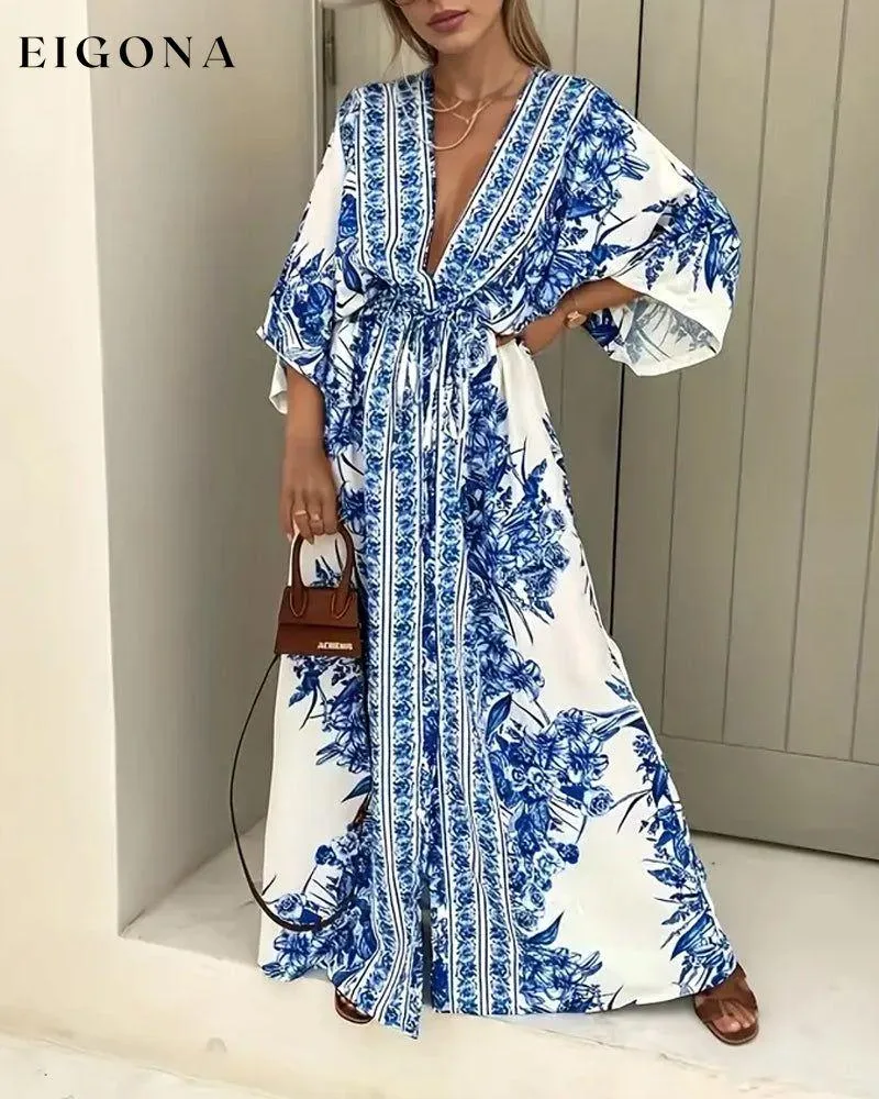 Floral print deep V slit fashionable long dress