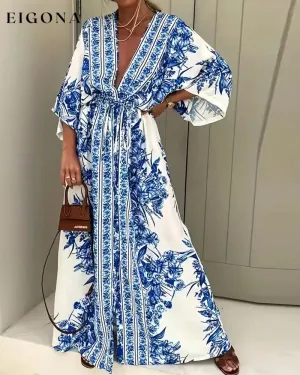 Floral print deep V slit fashionable long dress