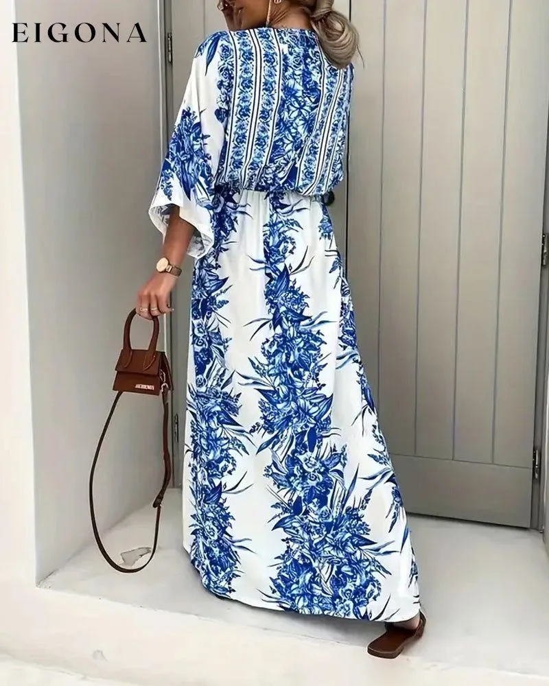 Floral print deep V slit fashionable long dress
