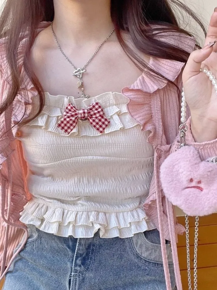 Gingham Bow Ruffle Cami Top and Cardigan Set