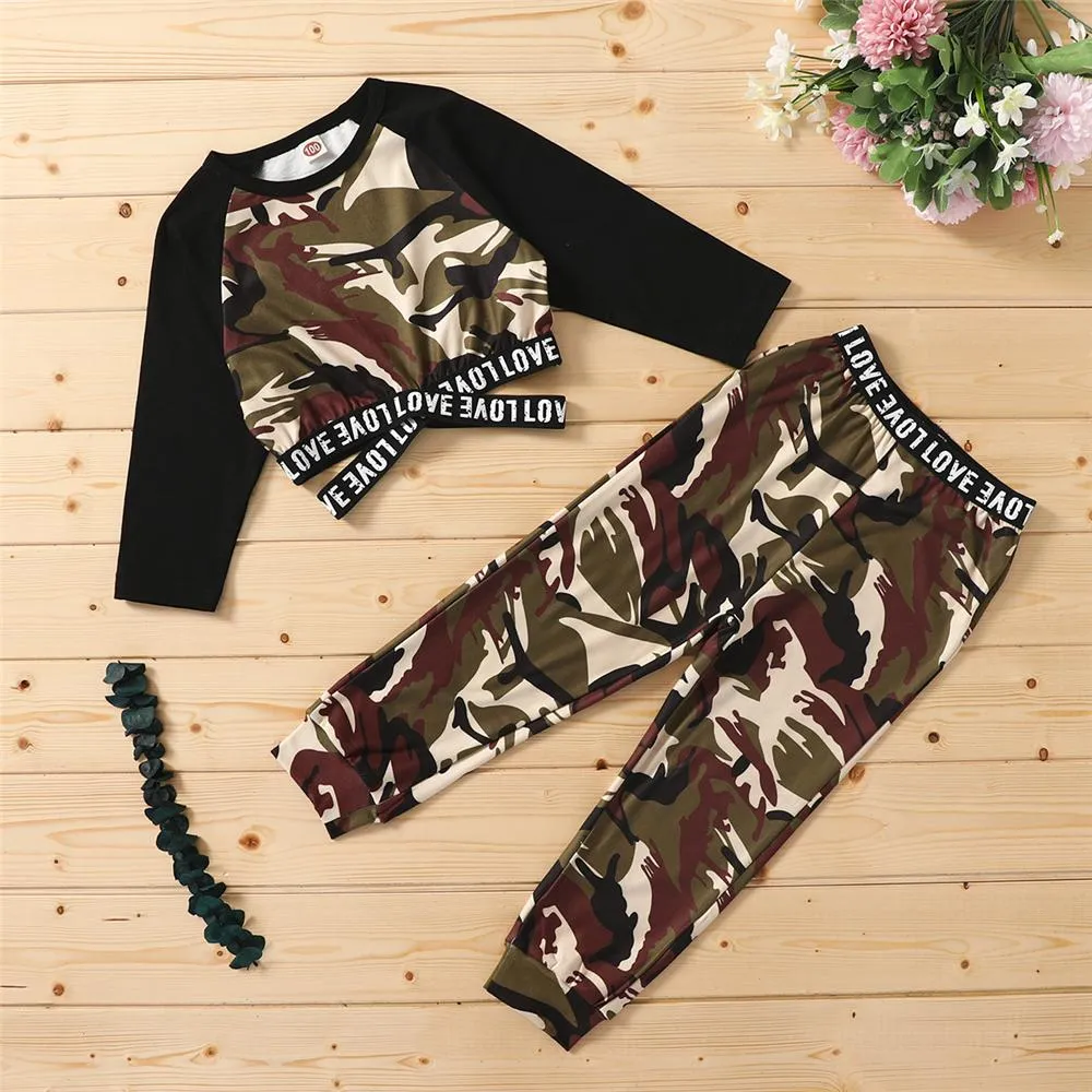 Girls Camo Letter Printed Long Sleeve Top & Pants Girl T Shirts Wholesale