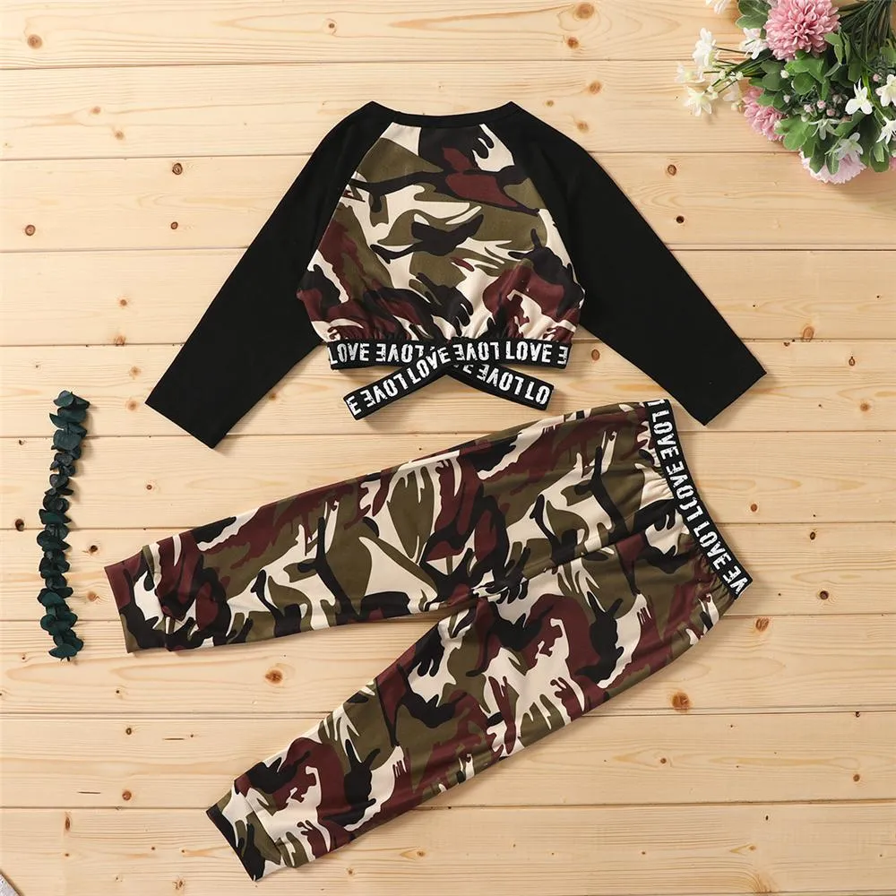 Girls Camo Letter Printed Long Sleeve Top & Pants Girl T Shirts Wholesale