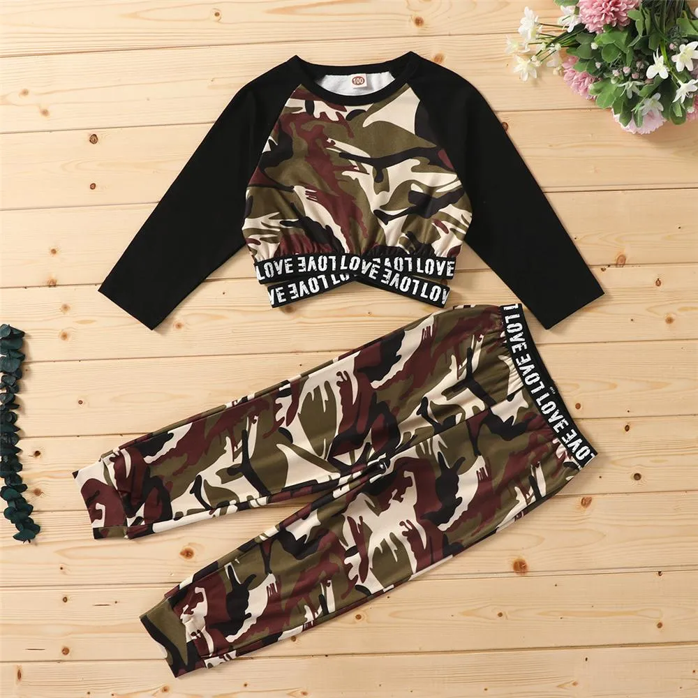 Girls Camo Letter Printed Long Sleeve Top & Pants Girl T Shirts Wholesale