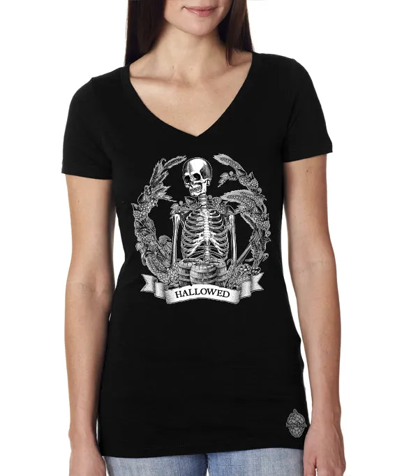Hallowed Skeleton craft beer women's v-neck t-shirt