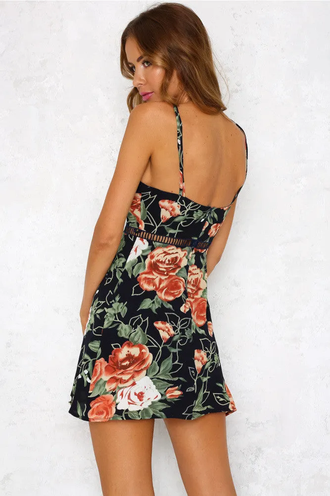 Hollow Out Backless Flower Print Short Dress