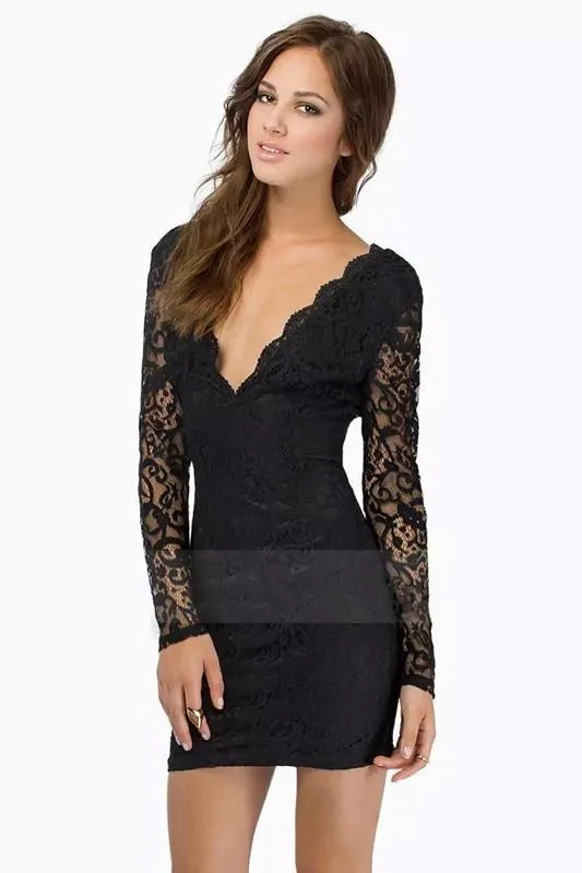 Lace Floral V-neck Backless Long Sleeve Short Dress