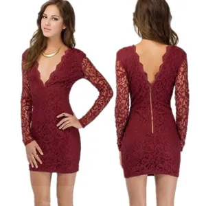Lace Floral V-neck Backless Long Sleeve Short Dress