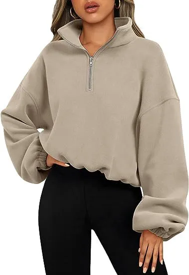 Loose Sport Pullover Hoodie Women Solid Color Zipper Stand Collar Sweatshirt Thick Warm Clothing