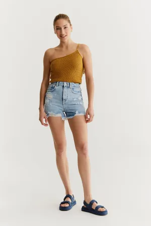 Naomi - High Waist 5 Pocket Shorts - Light Blue Destroyed