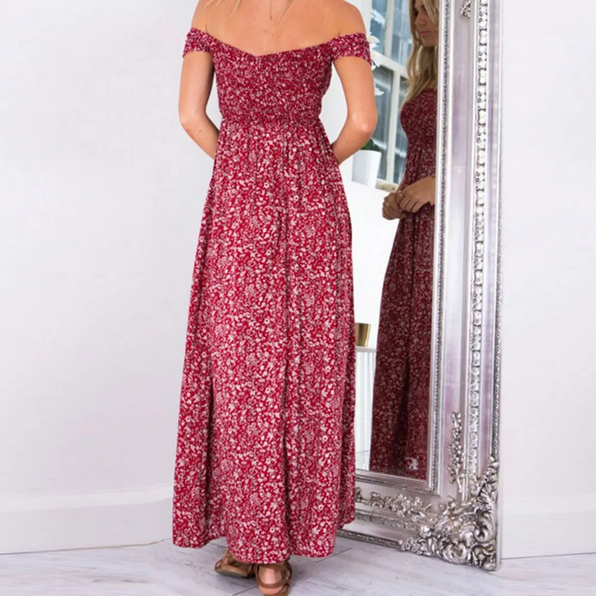 Off Shoulder Floral Print Split Long Dress