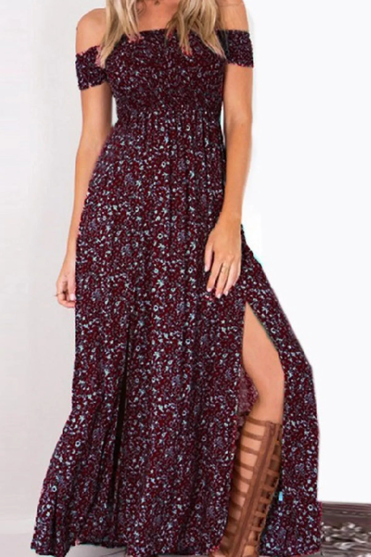 Off Shoulder Floral Print Split Long Dress
