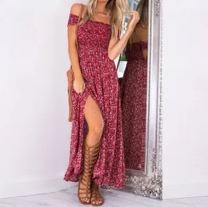 Off Shoulder Floral Print Split Long Dress