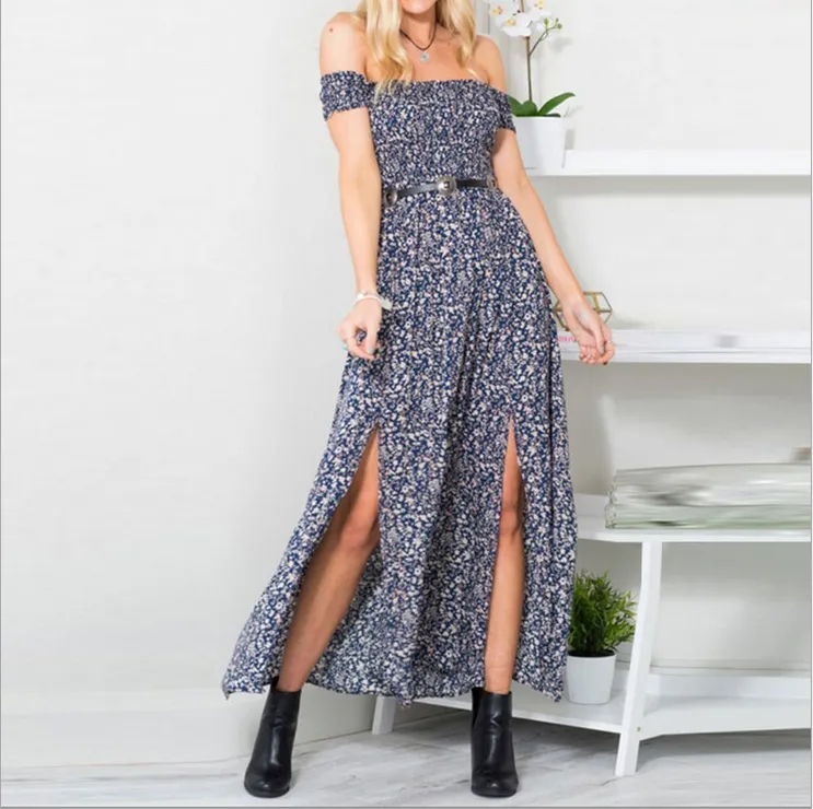 Off Shoulder Floral Print Split Long Dress