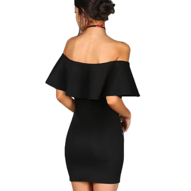 Off Shoulder Ruffles Embroidery Short Bodycon Dress