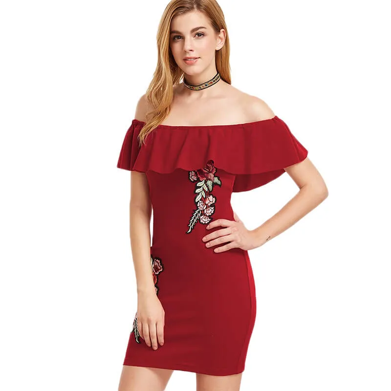 Off Shoulder Ruffles Embroidery Short Bodycon Dress