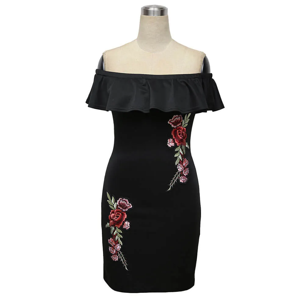 Off Shoulder Ruffles Embroidery Short Bodycon Dress