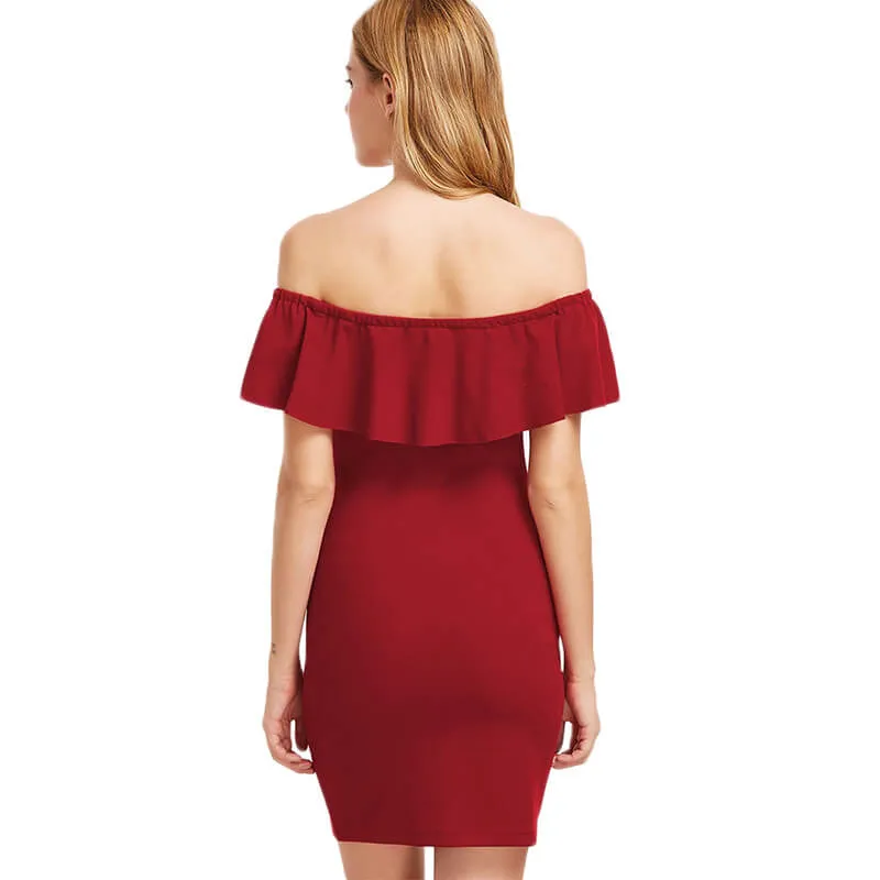 Off Shoulder Ruffles Embroidery Short Bodycon Dress