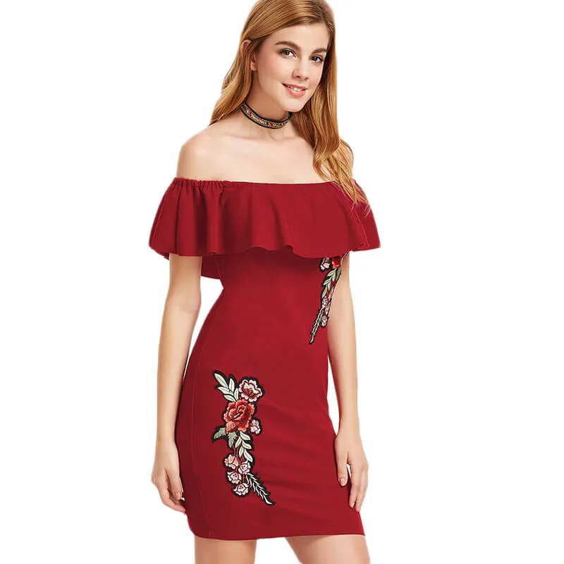 Off Shoulder Ruffles Embroidery Short Bodycon Dress