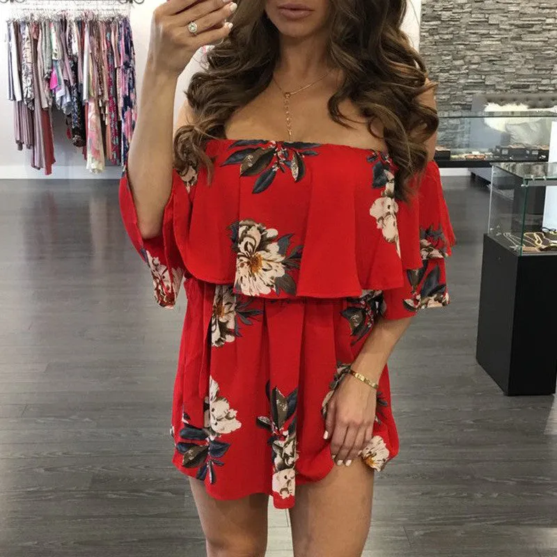 Off shoulder Ruffles Half Sleeves Print Short Dress