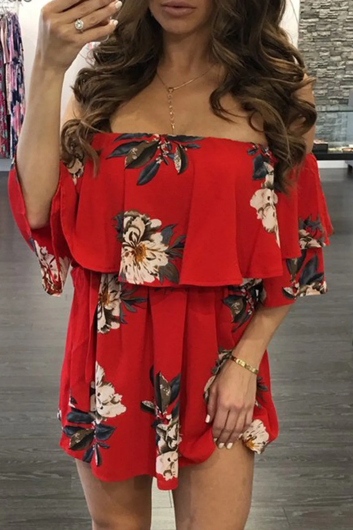 Off shoulder Ruffles Half Sleeves Print Short Dress