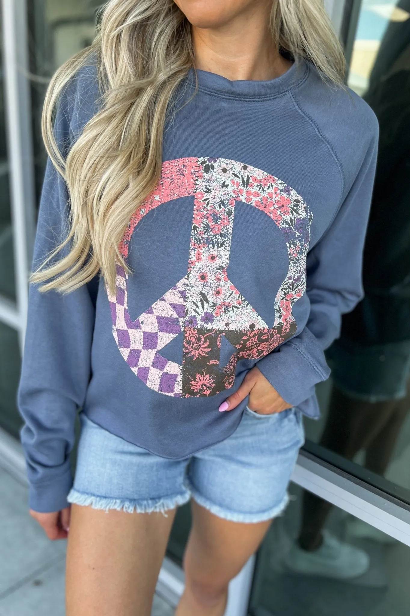 Peace & Love Blue Floral Raw Hem Cropped Sweatshirt