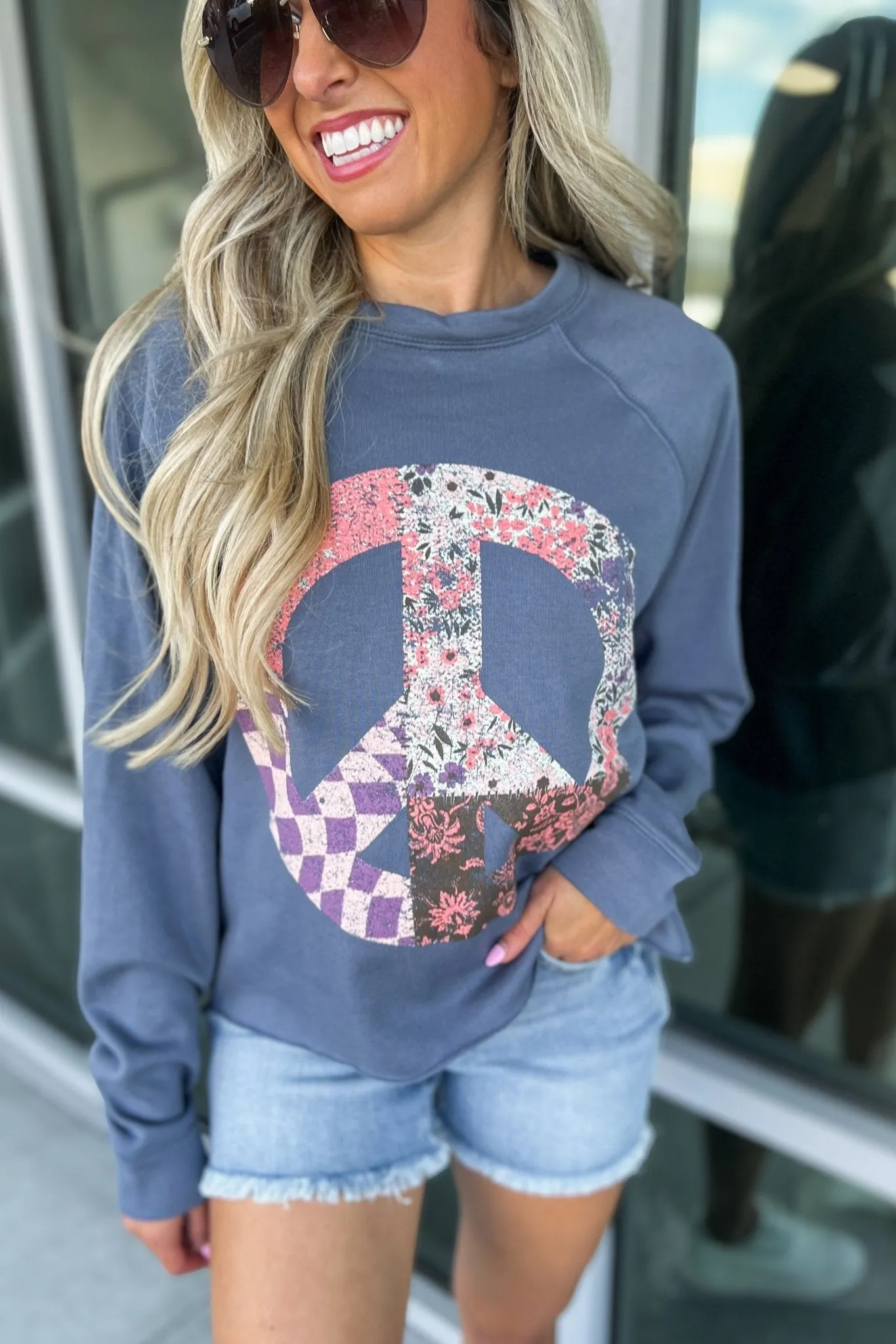 Peace & Love Blue Floral Raw Hem Cropped Sweatshirt