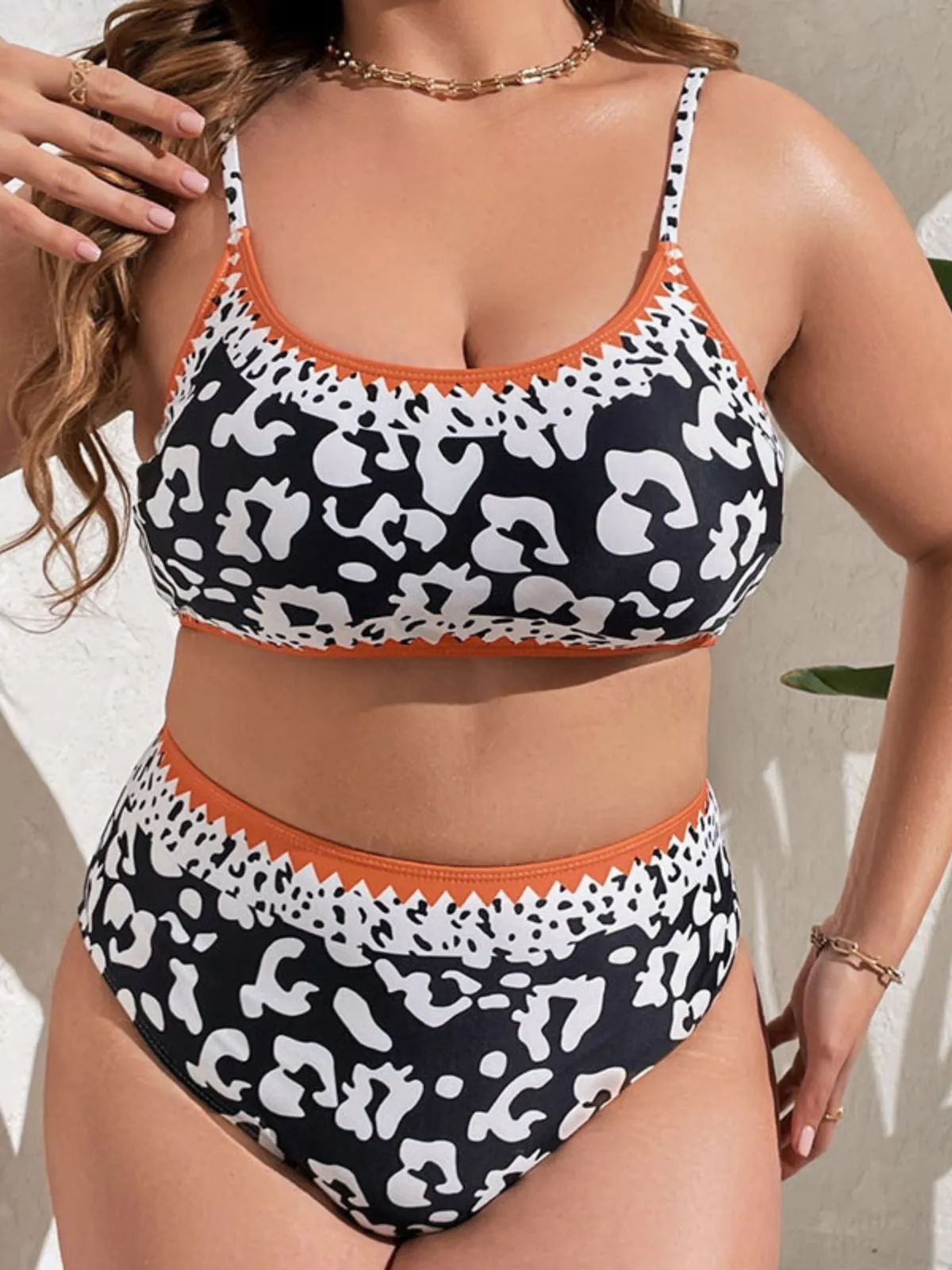 [Plus Size] Black 1950s Leopard Contrast Swimsuit