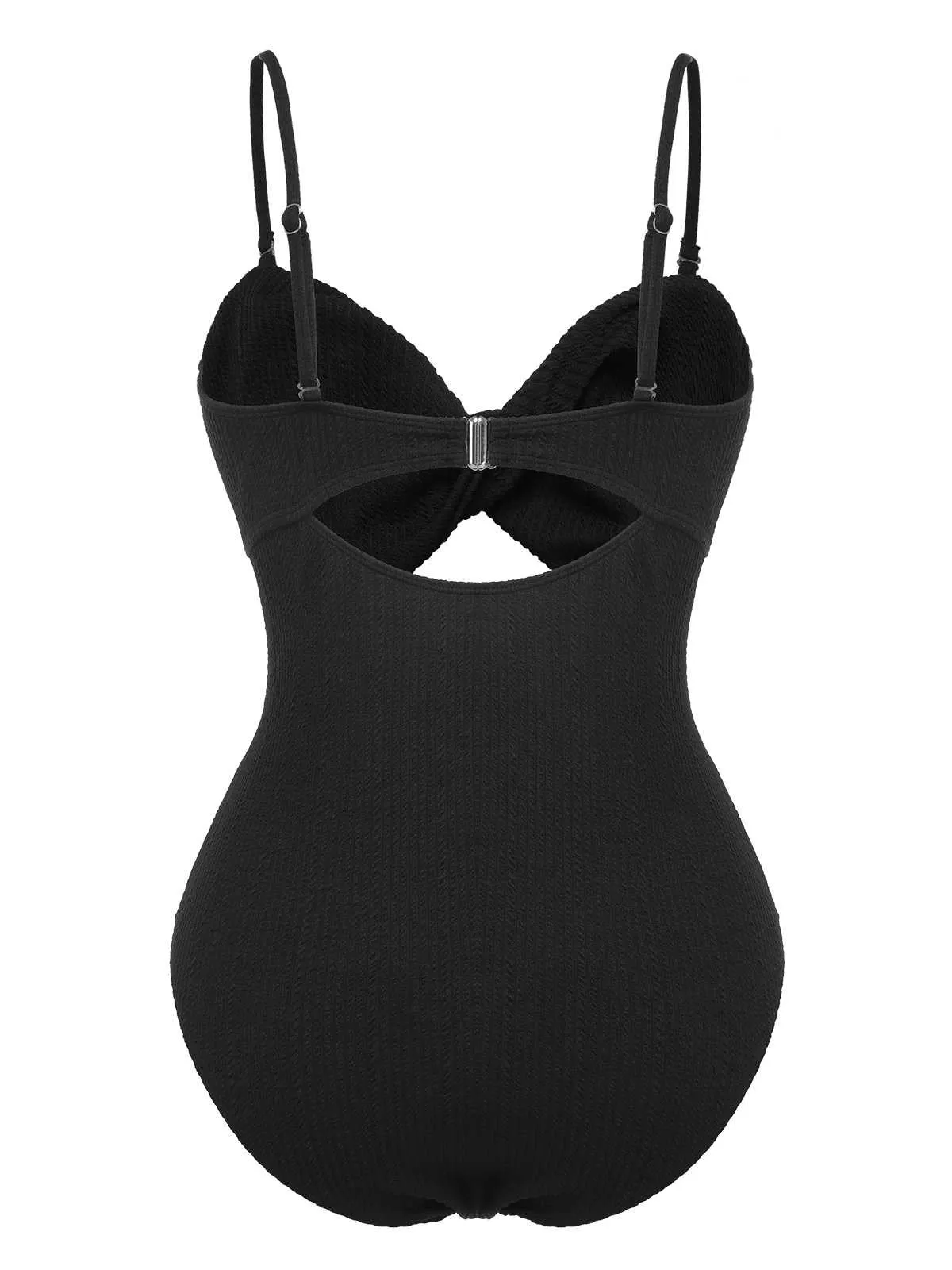 [Plus Size] Black 1960s Spaghetti Strap Twist Swimsuit