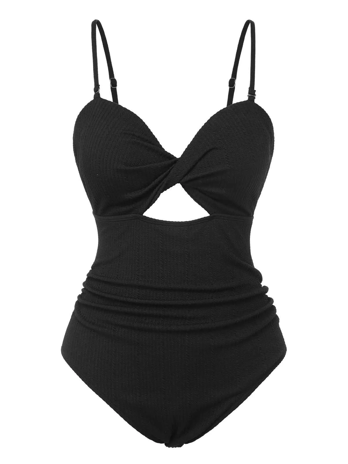 [Plus Size] Black 1960s Spaghetti Strap Twist Swimsuit