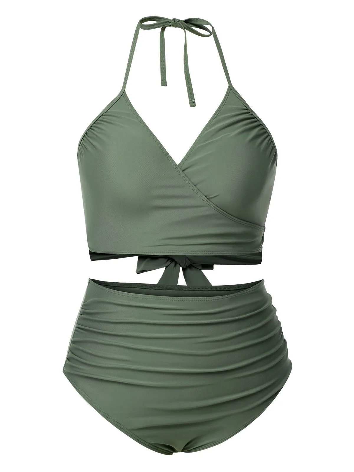 [Plus Size] Green Grey 1930s Halter Strappy Tankini Swimsuit