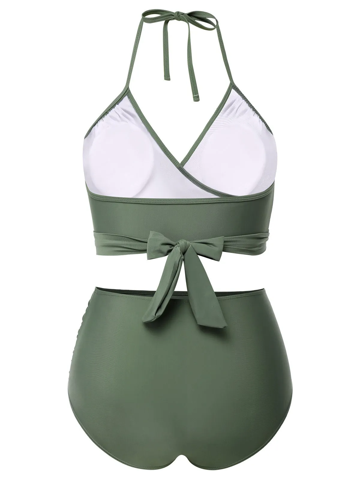 [Plus Size] Green Grey 1930s Halter Strappy Tankini Swimsuit