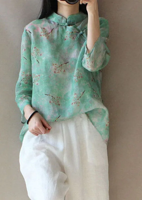 Plus size Light Green button Stand Collar print tops Spring
