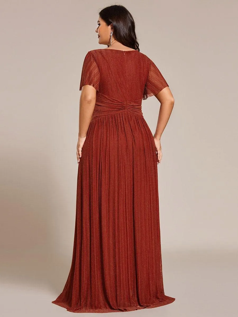 Plus Size V-Neck Glittery Short Sleeves Formal Evening Dress with Empire Waist