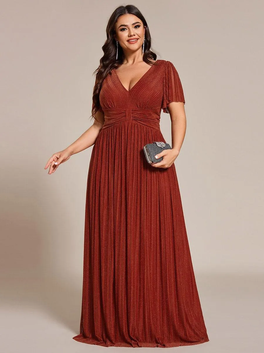 Plus Size V-Neck Glittery Short Sleeves Formal Evening Dress with Empire Waist