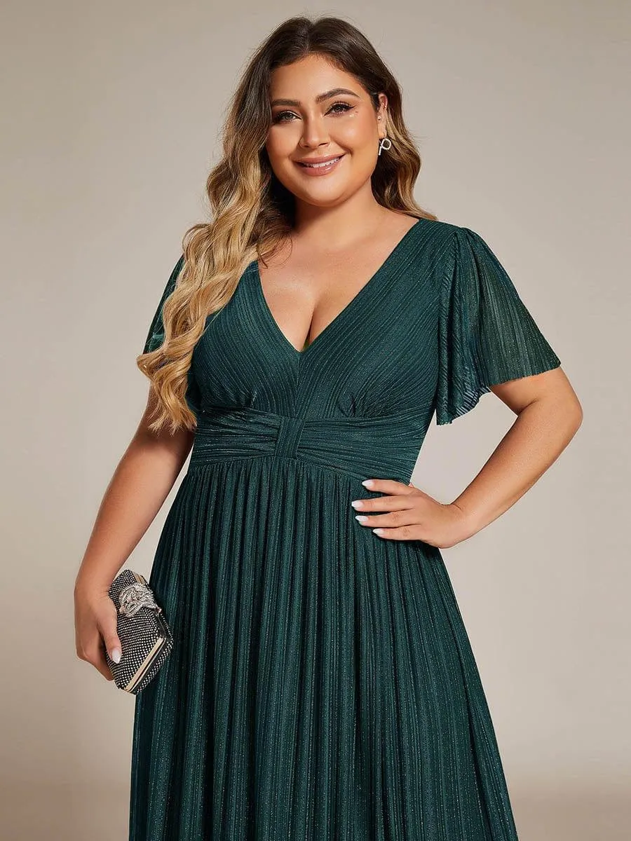 Plus Size V-Neck Glittery Short Sleeves Formal Evening Dress with Empire Waist
