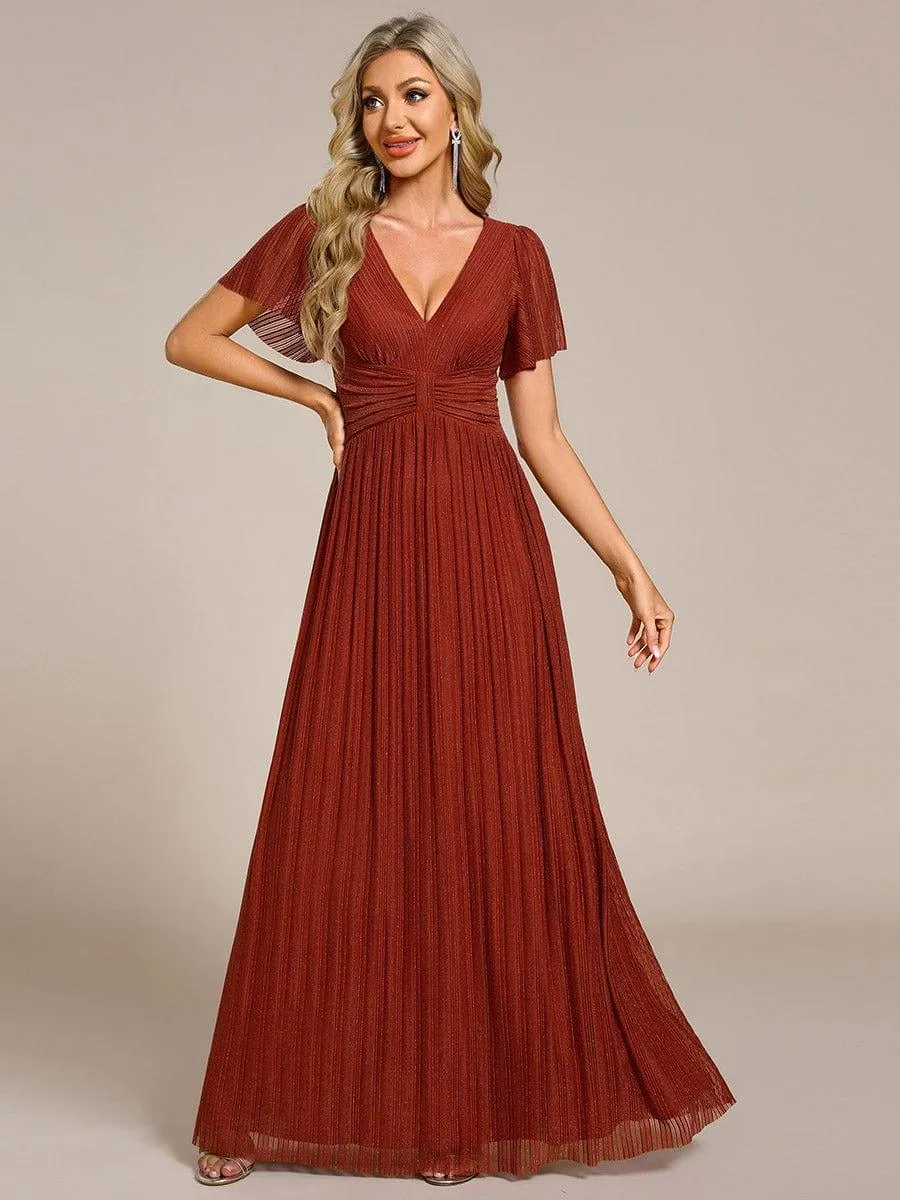 Plus Size V-Neck Glittery Short Sleeves Formal Evening Dress with Empire Waist
