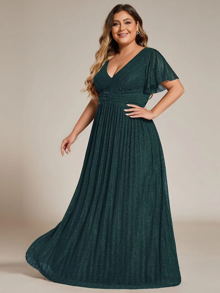 Plus Size V-Neck Glittery Short Sleeves Formal Evening Dress with Empire Waist